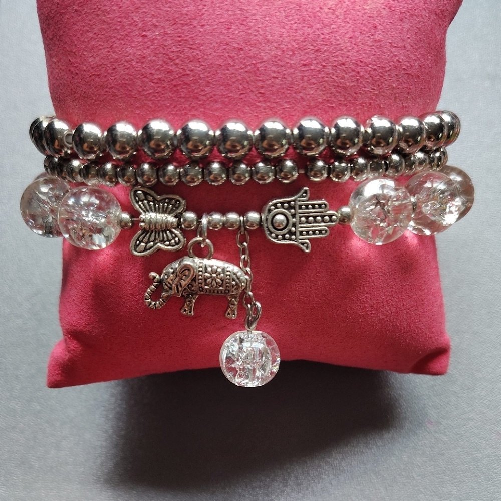 🆕1 Clear Beaded/Asst Elephant Charmed Bracelet w 2 Silver Stringed Accent NWT